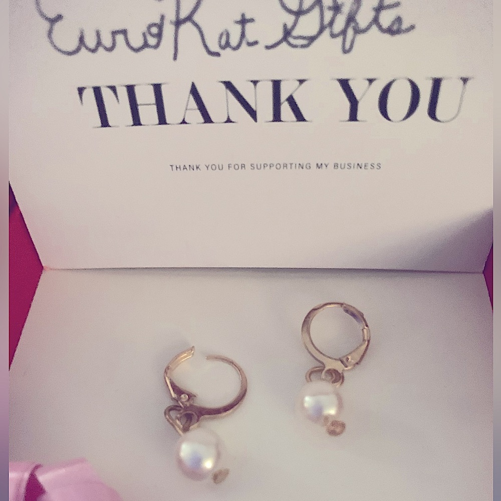 Gold Pearl Dangle Hoop Earrings Small Minimalist NEW